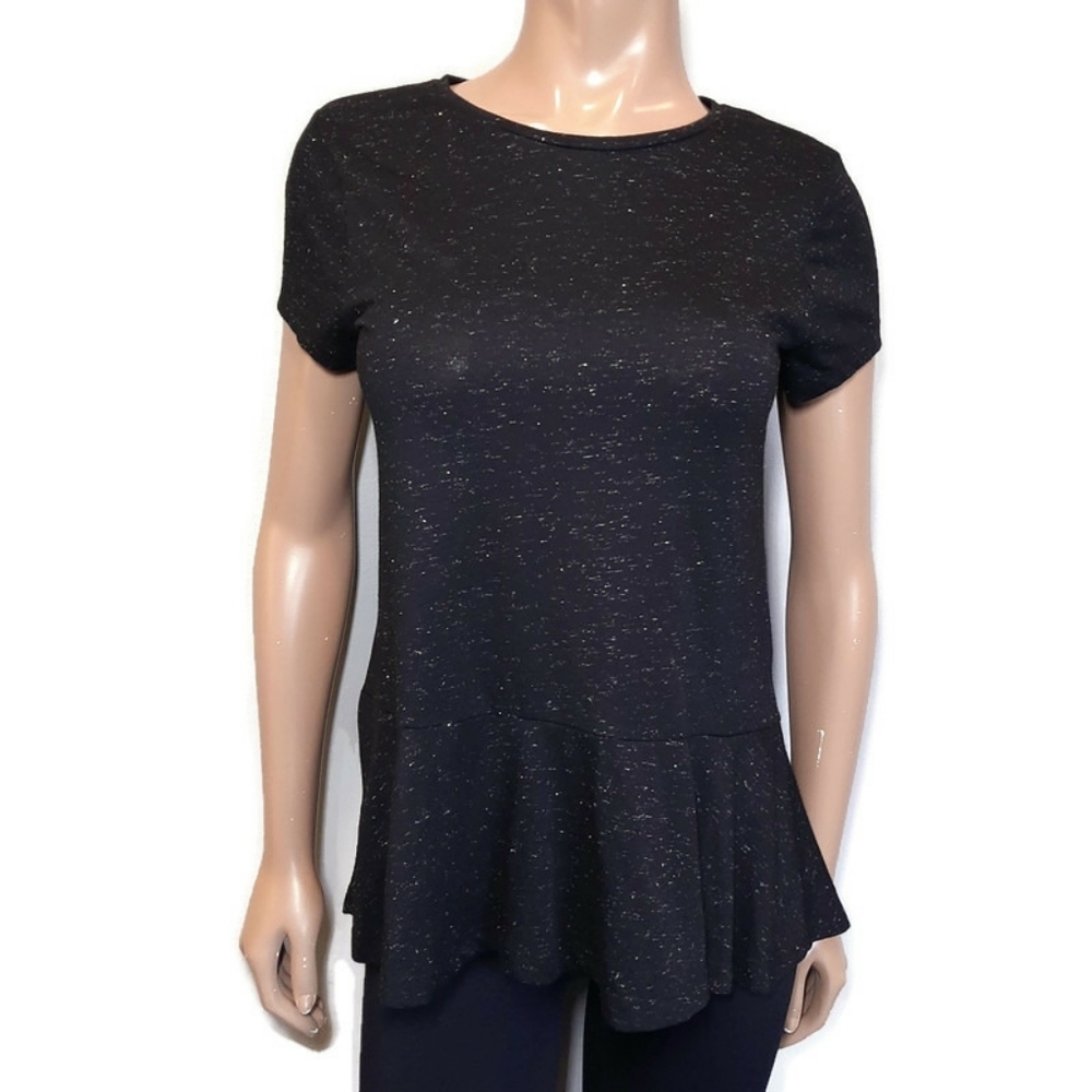 Joe Fresh Metallic Peplum Tshirt Crew Neck Top Black Womens Size Small